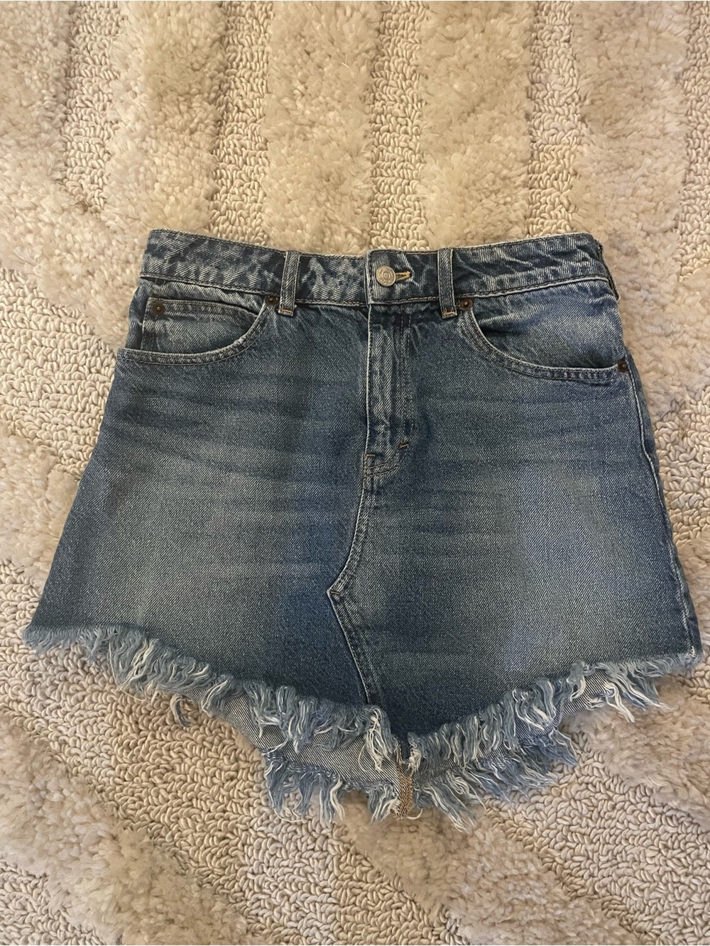 Free People Blue Distressed Frayed-Hem Denim Mini Skirt